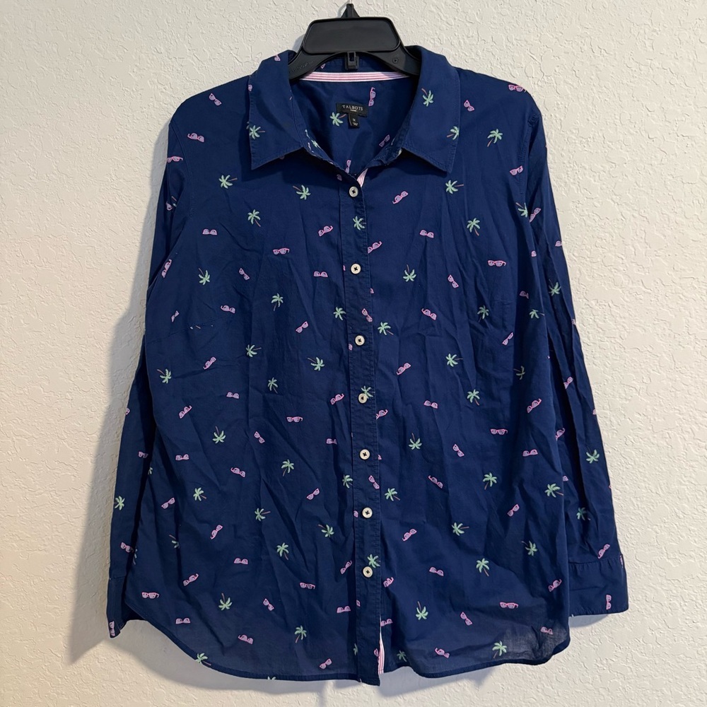 Talbots Blue Beachy Print Button Up Shirt Plus Size 1X Palm Tree Coastal Travel